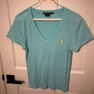 Women’s Polo T-shirt Light Blue w/ Yellow Horse- L